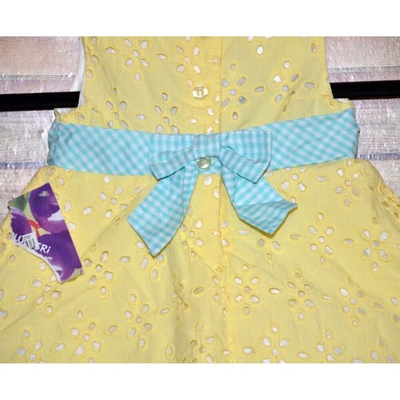 NWT Blueberi Boulevard Girls 12M Yellow Eyelet Lace Dress Plaid Belt with Daisy - Picture 9 of 12